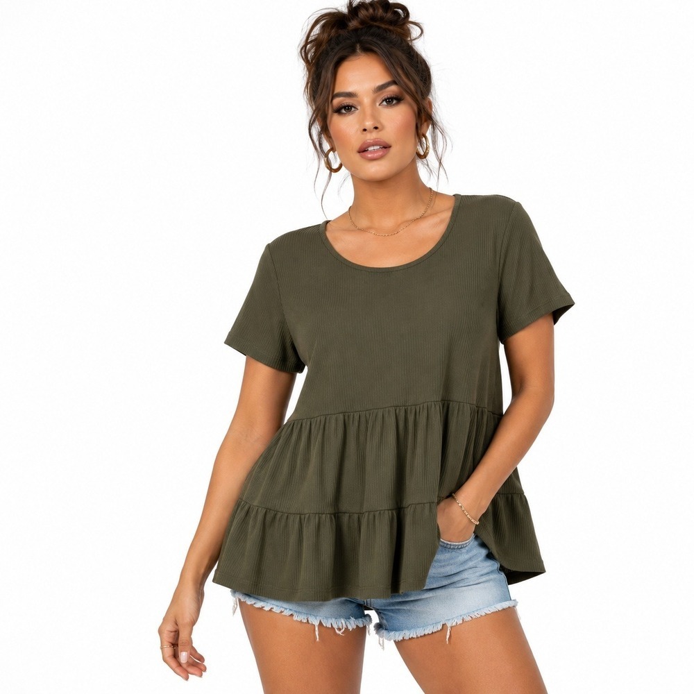 Gilli Women Olive Green Ribbed Babydoll Tiered Short Sleeve Top Size L NWT